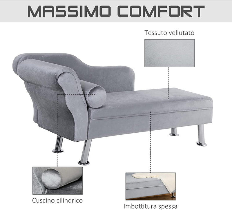 Chaise Longue Imbottita in Stile Vintage, Poltrona Letto Con Cuscino Incluso, in Metallo E Velluto Grigio, 160X56X75 (Cm)