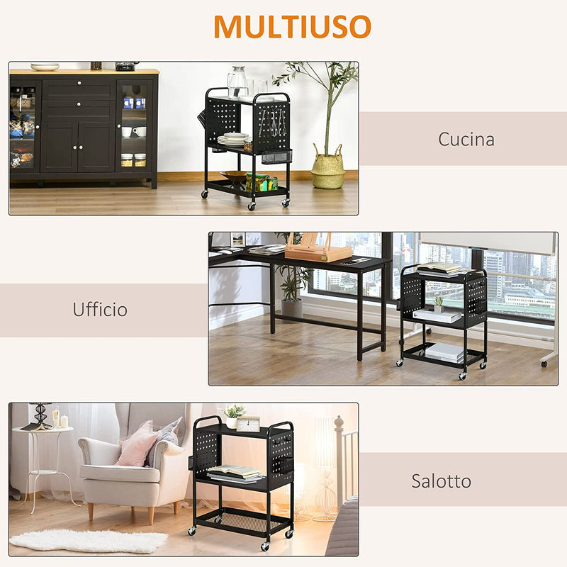 Carrello Portavivande a 3 Livelli Con Spazio Multiuso, Maniglie E 4 Ruote Girevoli, in Acciaio E Plastica PP, 70X33.4X80.5Cm, Nero