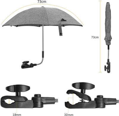 Ombrellino Parasole Passeggino Universale, Ombrellino per Carrozzina, Con Supporto Universale, Protezione UV, Fissaggio Universale per Tubo Rotondo O Ovale, Grigio