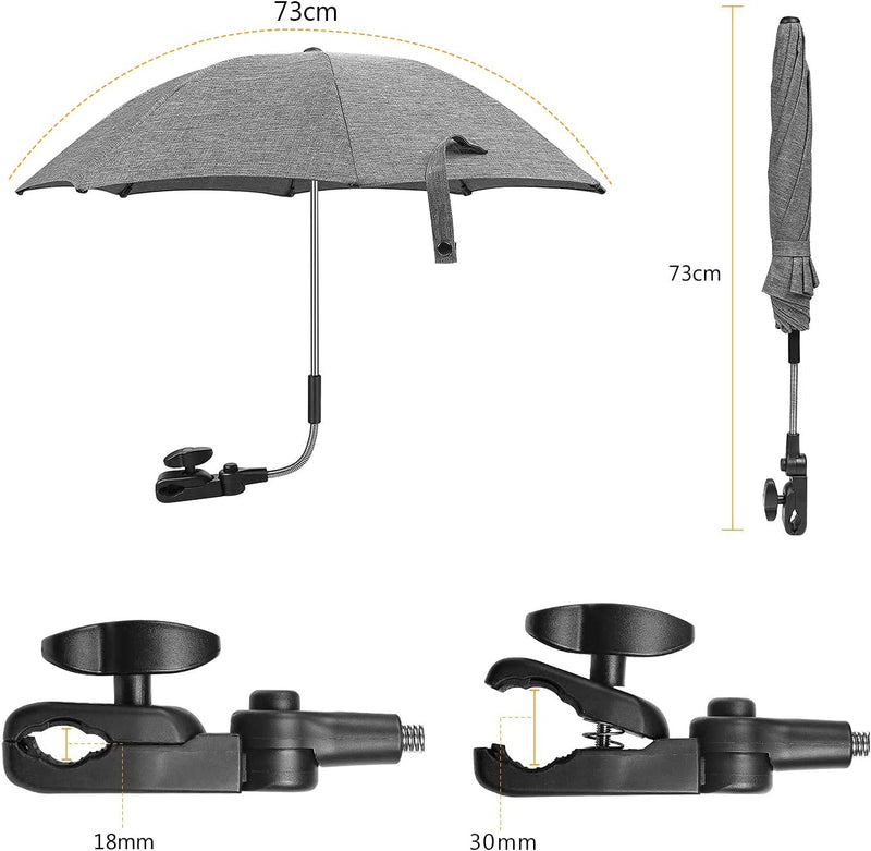 Ombrellino Parasole Passeggino Universale, Ombrellino per Carrozzina, Con Supporto Universale, Protezione UV, Fissaggio Universale per Tubo Rotondo O Ovale, Grigio