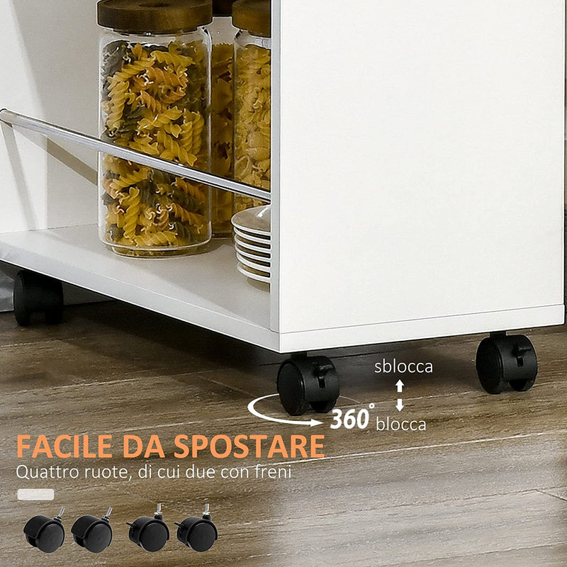 Carrello Da Cucina in Truciolato E Acciaio Inox Con 2 Ripiani Aperti, Cassetto Estraibile E Parapetti, 25X50X85 Cm, Bianco