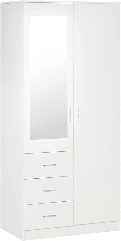 Armadio Moderno Guardaroba 2 Ante Con Specchio E 3 Cassetti, Mensole Regolabili E Barra Appendiabiti, 80X50X180Cm, Bianco