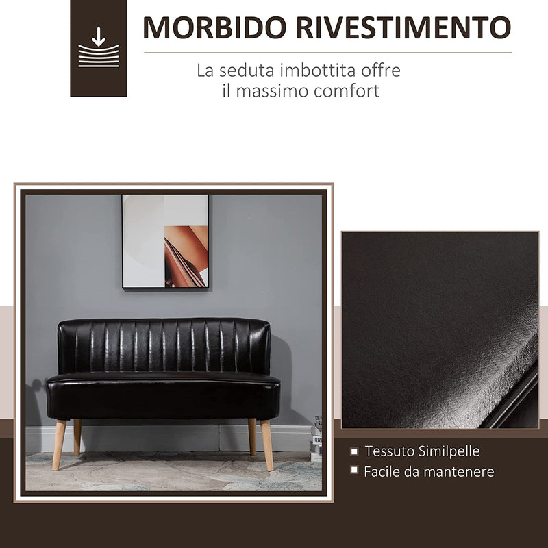 Divano 2 Posti Moderno in Similpelle Senza Braccioli, Struttura E Gambe in Legno, 117X56.5X77Cm Marrone Scuro