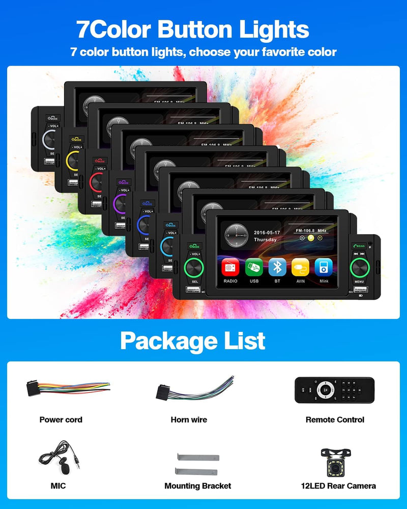 Autoradio Bluetooth 1 Din Con Schermo Da 5" Touchscreen Stereo Auto Con Mirror Link Bluetooth Vivavoce Controllo Del Volante USB Telecamera Posteriore