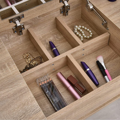 Tavolo Da Trucco Moderno Con Specchio Estraibile, Organizer Gioielli, 2 Cassetti E Sgabello, Color Legno