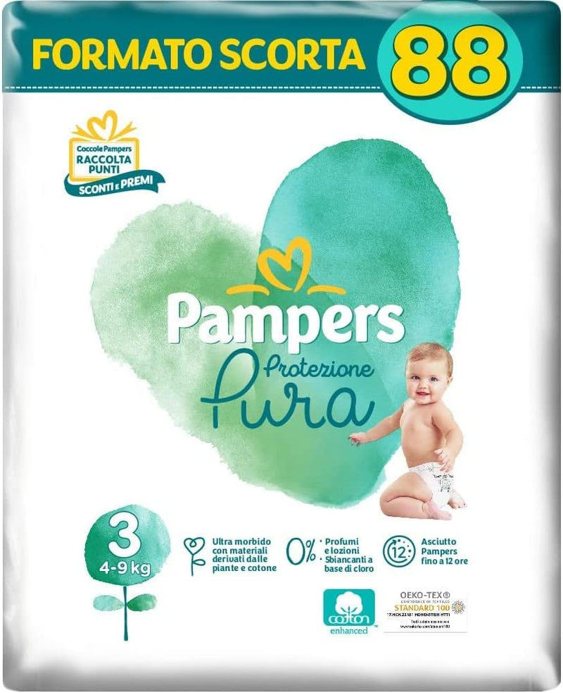 Protezione Pura (Naturello), Pannolini Contenenti Cotone E Materiali Naturali Derivanti Dalle Piante, 0% Profumo, Bambini Unisex, Taglia 3 (4-9 Kg), Pacco Da 88