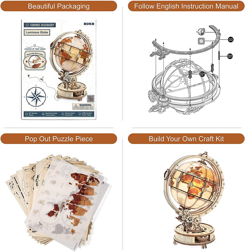 Puzzle 3D in Legno Adulti, Mappamondo Luminoso, Fai-Da-Te Kit Di Modellismo Da Costruzioni Artigianato Meccanico, Giocattoli Educativi-Ottima Idea Regalo