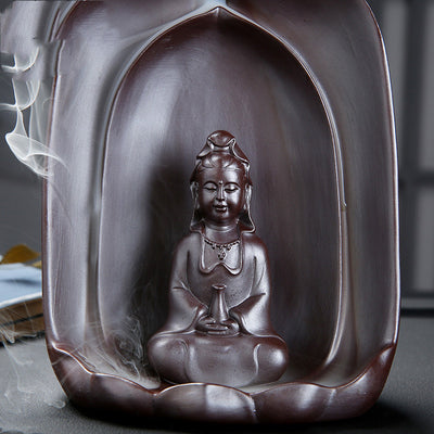 Guanyin Sitting Lotus Back Flow Incense Burner Ceramics for Buddha at Home