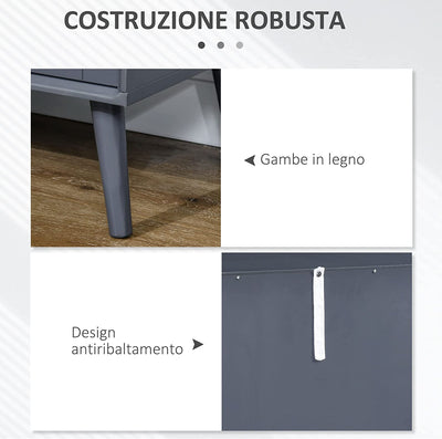 Armadietto Due Ante in Vetro Temperato, Mobiletto Multiuso Con 2 Cassetti, Spazio Aperto E Piano D'Appoggio, in MDF E Legno, 95.5X40X78Cm, Grigio