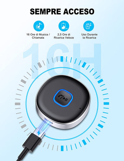 Ricevitore Bluetooth 5.3, Mini Aux Bluetooth Auto per Stereo/Altoparlante/Cuffie Cablate, Adattatore Bluetooth Auto Jack 3.5 Mm, Chiamate in Vivavoce, Connessione Doppia, 16 Ore Di Riproduzione