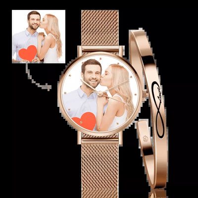 Women'S Mesh Strap Photo Watch & Infinity Bangle Set Rose Gold Plated & Silver White