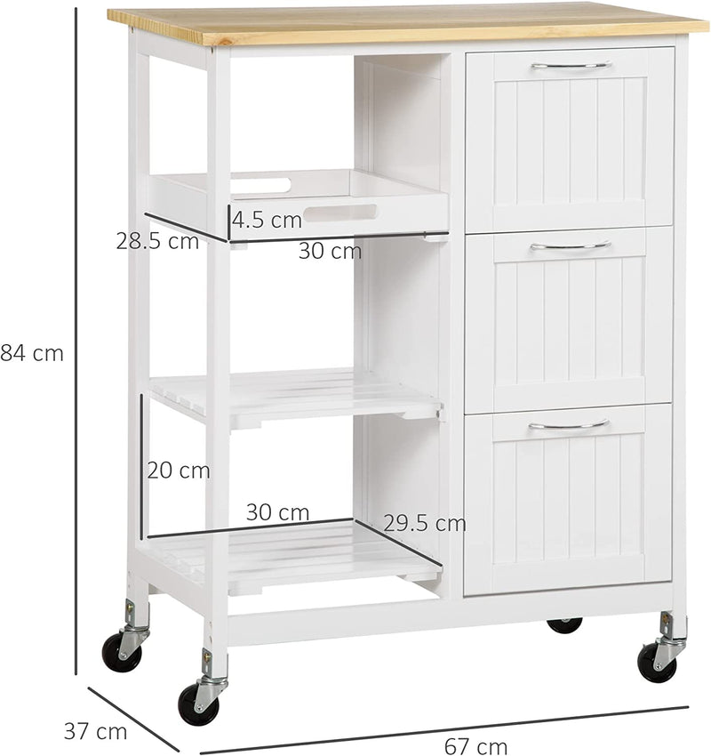 Carrello Da Cucina Con 3 Cassetti, 2 Ripiani Aperti E Vassoio Rimovibile, in MDF E Legno Di Pino, 67X37X84Cm, Color Legno E Bianco