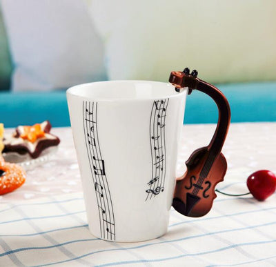 Coffee Cup with Music Notes in the Form of Saxophone Handle Ceramic Porcelain Cup of Tea Milk Method