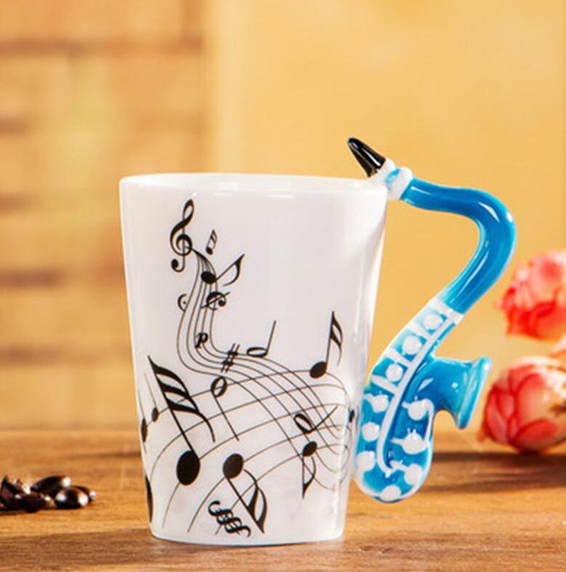 Coffee Cup with Music Notes in the Form of Saxophone Handle Ceramic Porcelain Cup of Tea Milk Method