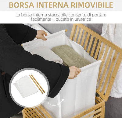 Cesto Portabiancheria a Doghe in Bambù E Tessuto Con Coperchio E Sacca Rimovibile per Bagno E Camera Da Letto, 50X36X60 Cm, Color Legno