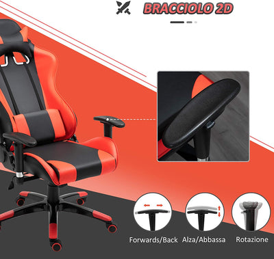 Sedia Gaming Professionale Girevole，Sedia Da Ufficio Reclinabile Con Sostegno Lombare E Collo PVC 67 X 67 X 123-132Cm Nero-Rosso