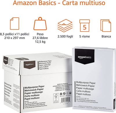 Carta Da Stampa Multiuso A4 80Gsm, 2500 Unità, 5 Confezioni Da 500 Fogli, Bianco