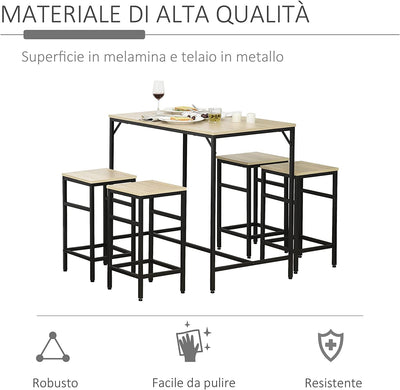 Set Tavolo Alto Con 4 Sgabelli Stile Industriale in Metallo E Legno, Arredamento Moderno Soggiorno E Cucina, Rovere Chiaro