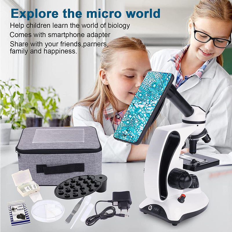 Microscopio Monoculare 40X-2000X per Studenti Adulti,Microscopio Professionale per Principianti Con Doppia Illuminazione a LED Con Kit,Lenti in Vetro Ottico,Custodia per Il Trasporto,15 Diapositive