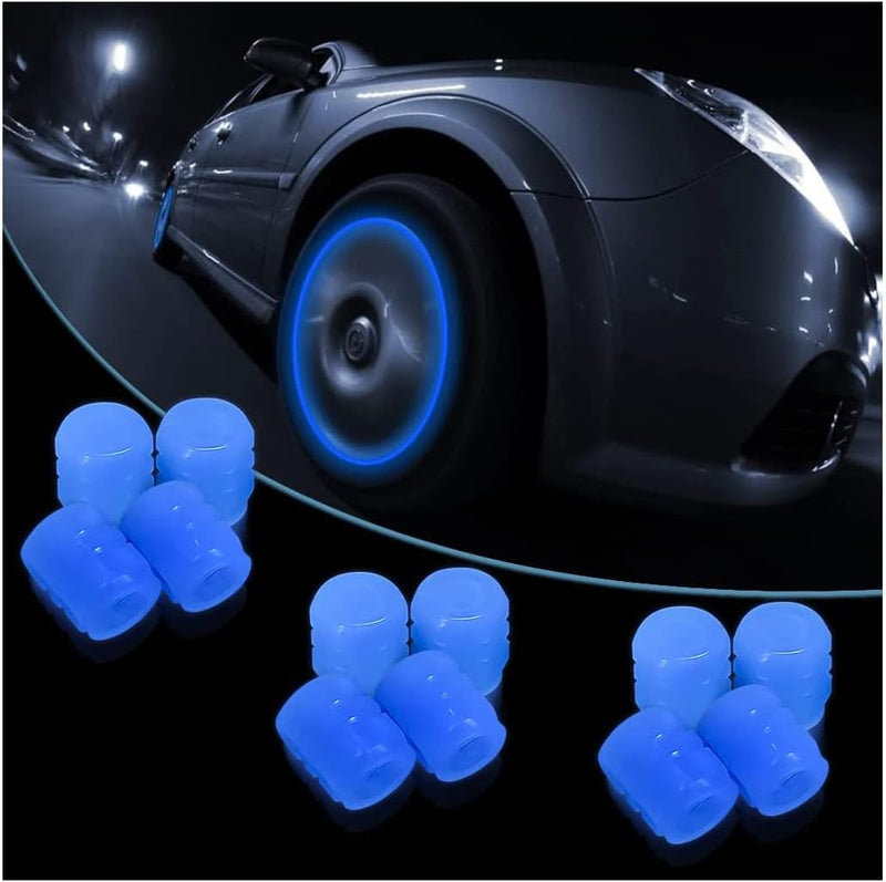 Tappi Valvola Fluorescente per Pneumatici Auto, 12 Pezzi Valvola Pneumatici Auto, Tappi Ruote Auto Luminosi, Accessorio Universale per Auto, Camion, Suv, Moto E Biciclette (Blu)