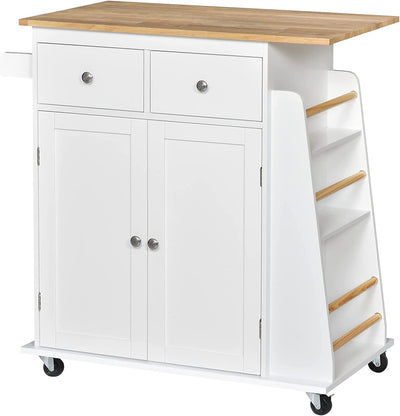 Carrello Da Cucina Portaspezie a 3 Livelli Con 4 Ruote Girevoli, Carrello Portavivande Con Armadietto in Legno, 89X45X89.5Cm, Bianco