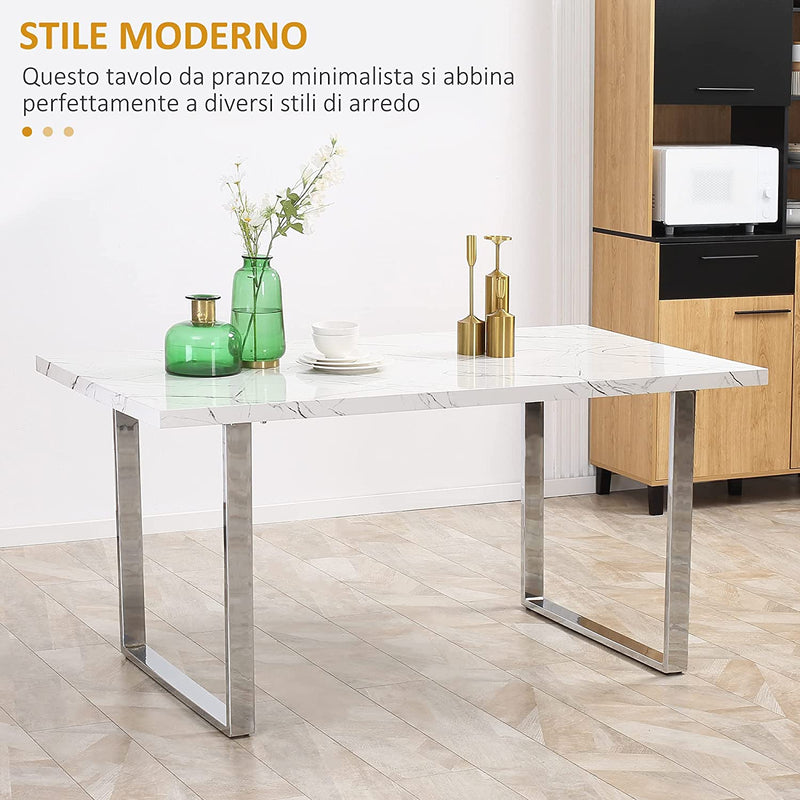 Tavolo Da Pranzo Rettangolare per 6-8 Persone Effetto Marmo, Tavolo Da Cucina E Soggiorno Con Gambe in Acciaio, 155X85X75Cm, Bianco