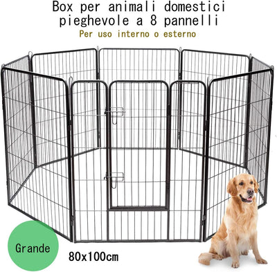 Recinto per Cani Da Interno Ed Esterno, Recinzione per Animali Domestici Con 8 Pannelli Di Metallo, Box per Cani, Gatti E Conigli, 80 X 100 Cm