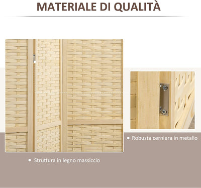 Paravento Da Interno a 4 Ante in Legno E Bambù Intrecciato, Separé Divisorio Pieghevole Salvaspazio, Altezza 170Cm, Naturale