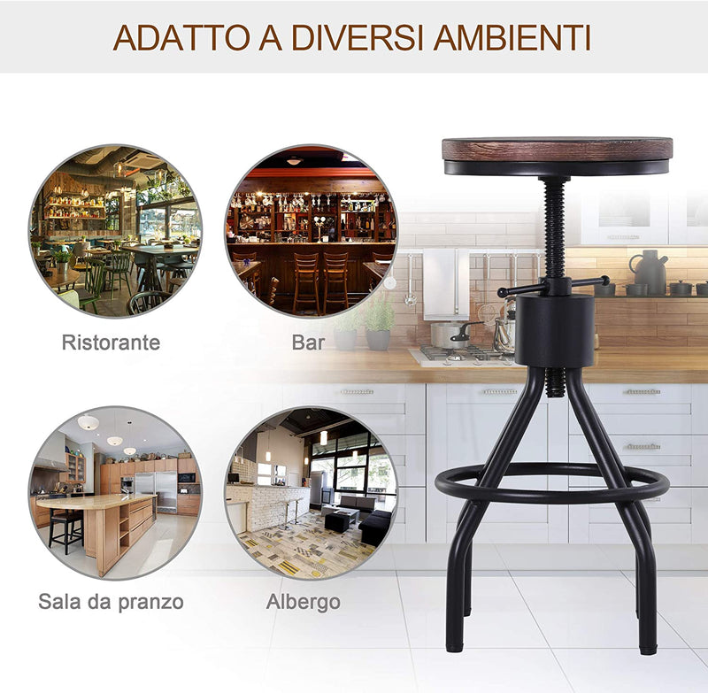 Sgabello Da Bar Stile Industriale, Seduta in Legno E Altezza Regolabile, Sgabello Cucina Con Struttura in Metallo, 40X40X59-74Cm, Marrone E Nero