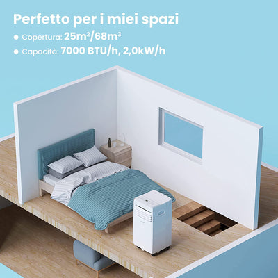 Condizionatore Portatile 7000 BTU/H, AMBRA 8C, 2,0Kw, 25㎡/68M³, 3-In-1 Climatizzatore Portatile, Ventilatore, Raffreddamento, Deumidificazione, 24H Timer, Sleep Mode, Funzione Follow-Me