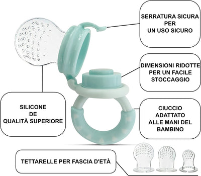 Ciuccio Frutta Neonati | 1 Ciuccio Frutta + 3 Taglie Di Tettarelle Silicone Senza BPA [3 a 24 Mesi] + Manuale D'Uso + Guida GRATUITA | Allevia Il Dolore Alle Gengive | Ciuccio per Frutta Neonati Blu