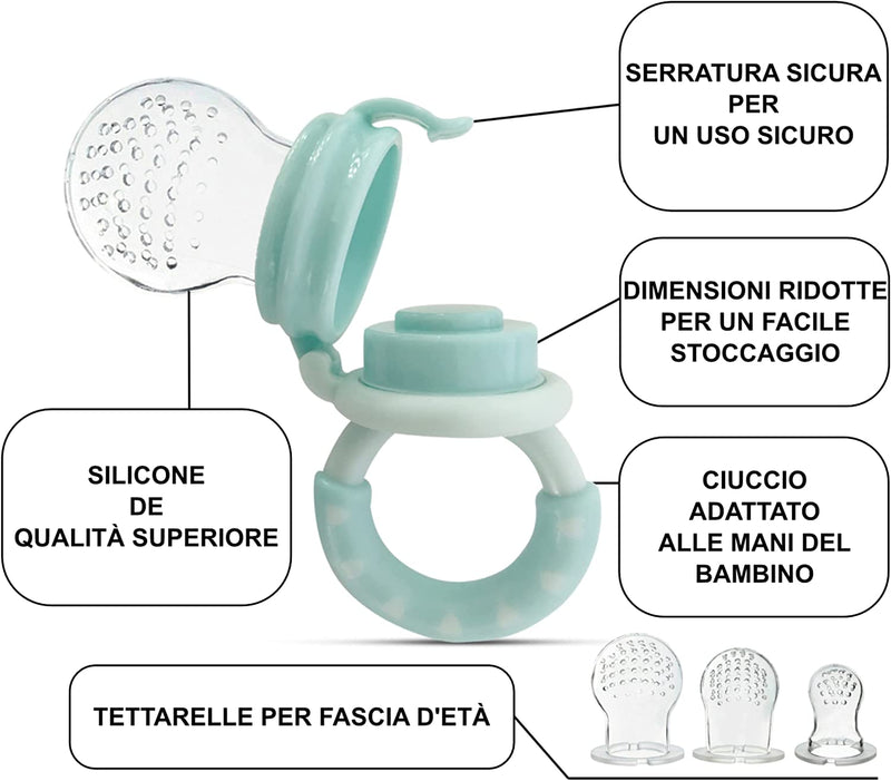 Ciuccio Frutta Neonati | 1 Ciuccio Frutta + 3 Taglie Di Tettarelle Silicone Senza BPA [3 a 24 Mesi] + Manuale D&