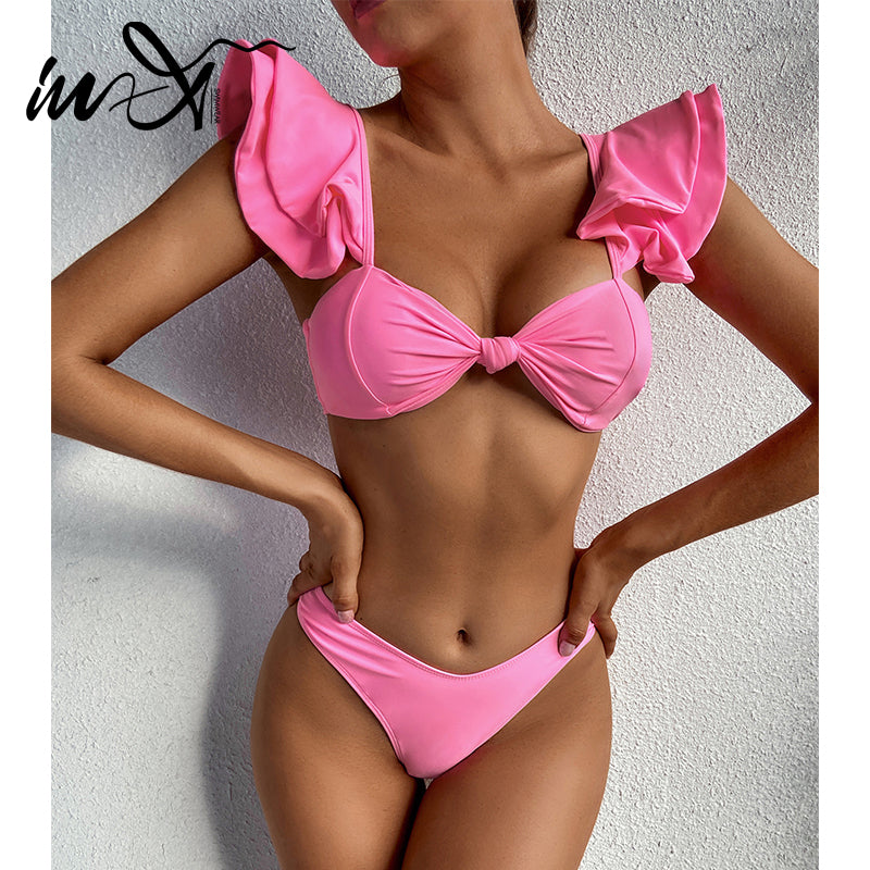 Personality Solid Color Ruffle Swimsuit Female Sexy Bikini 2021 New Swimwear 2 Piece Sets Womens Bikini Set Bathing Suit