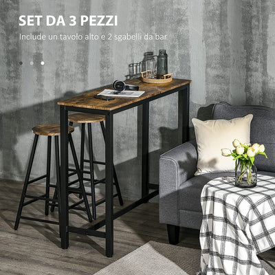 Set 3 Pezzi Con 2 Sgabelli Da Bar E Tavolo Da Bar Alto in MDF E Acciaio per Cucina, Sala Da Pranzo E Soggiorno, Marrone