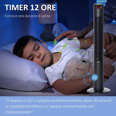 Ventilatore a Torre Con 3 Velocità 4 Modalità, 45W, Timer 12H, Ventilatore a Colonna Con Oscillazione 70°, Pannello LED E Telecomando, Nero