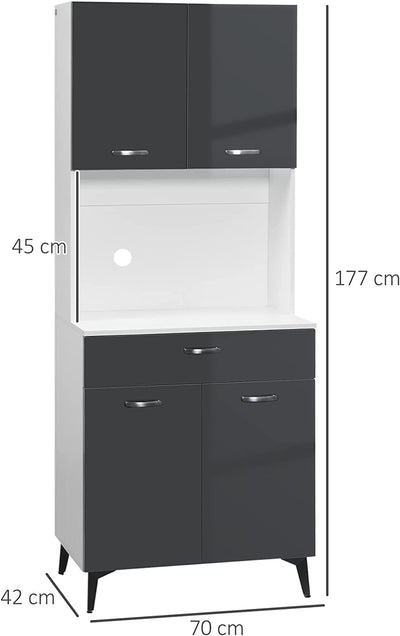 Credenza Moderna Con 2 Armadietti E Cassetto, Mobile Cucina Con Piano per Microonde E Mensole Regolabili, 70X42X177Cm, Grigio E Bianco