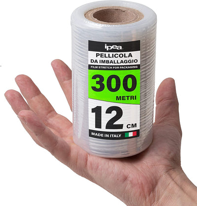 Pellicola Film Estensibile Trasparente per Imballaggio - 300 Metri X 12 Cm - Made in Italy - Bobina per Protezione, Confezionamento Oggetti Nel Trasporto – Antistrappo E Antigraffio