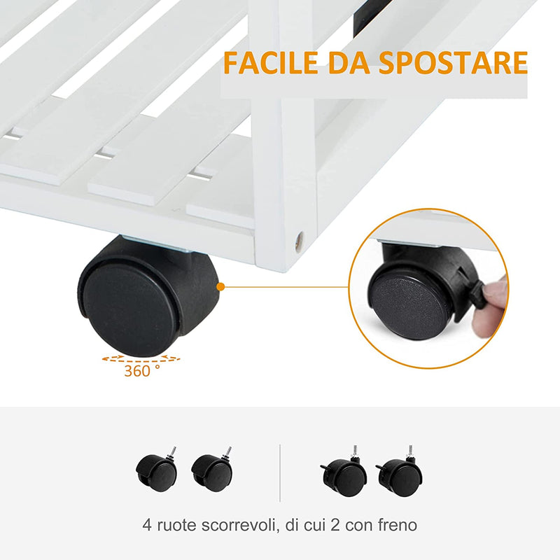 Carrello Da Cucina Rotelle, Cassetti E 2 Cesti in Legno Di Pino, Bianco, 70 X 37 X 85Cm