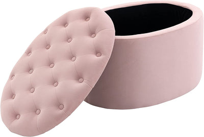 Pouf Contenitore Con Coperchio Imbottito E Trapuntato, Poggiapiedi in Velluto Ovale per Salotto E Camera Da Letto, Rosa