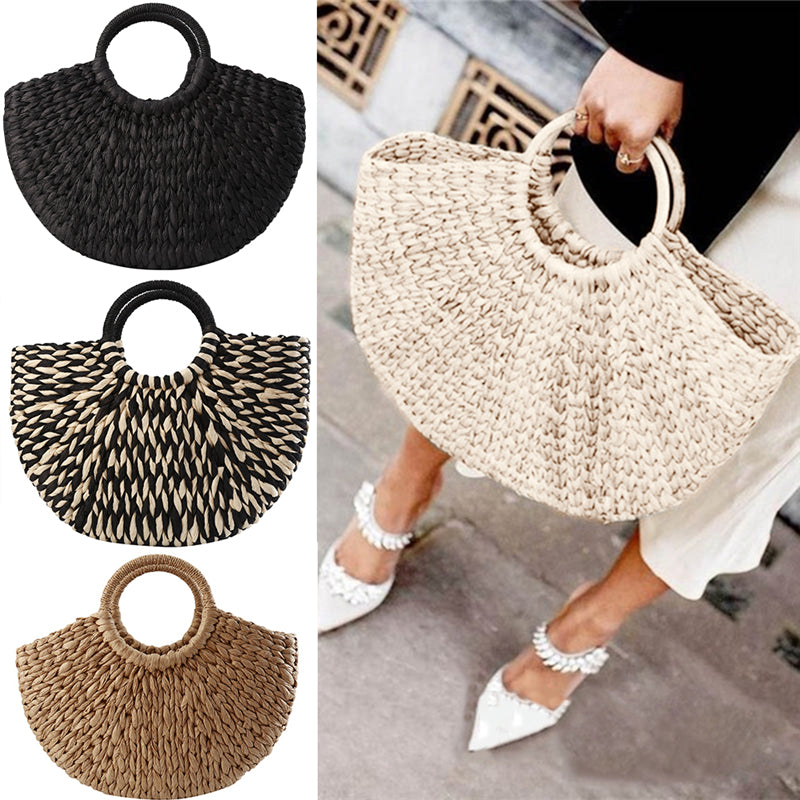 Women Handbag Rattan Wicker Straw Woven Half-Round Bag Large Capacity Female Casual Travel Tote Fashion Bolsos
