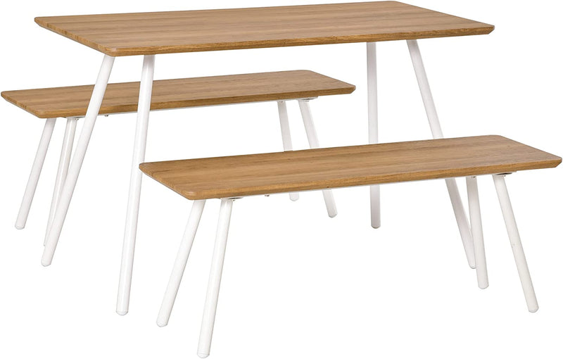 Set Tavolo Da Pranzo Con 2 Panche in Stile Nordico per Soggiorno, Salotto E Cucina, in MDF E Metallo, Bianco