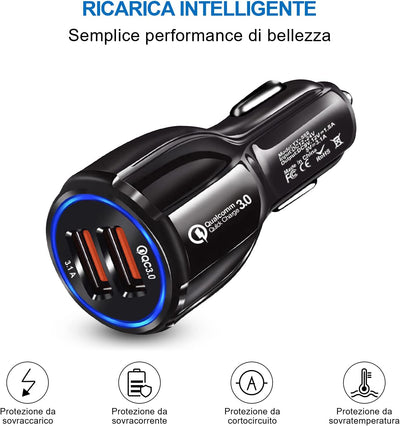 Caricabatteria Da Auto, Caricatore Accendisigari 2 Porte USB 3.0 Ricarica Veloce Compatibile Con Iphone, Samsung Galaxy, Huawei, Xiaomi, Tablet, LJ0SGV