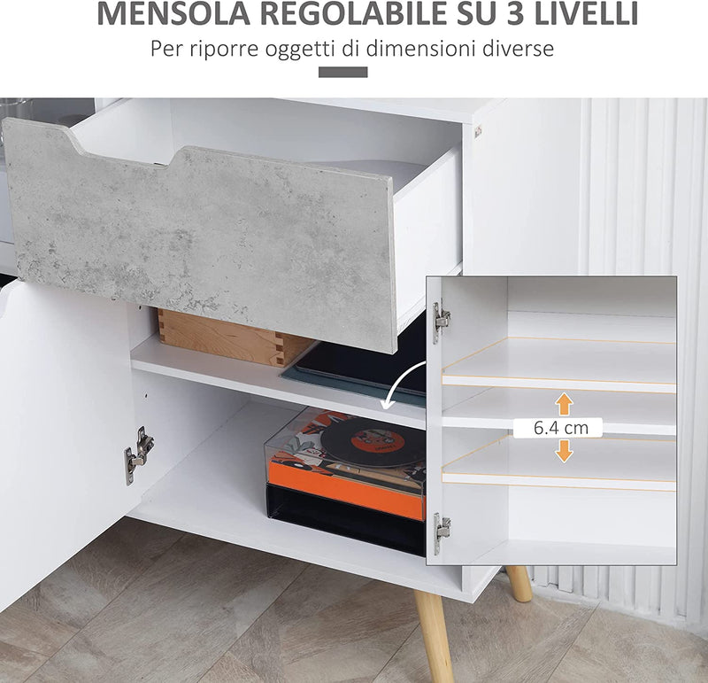 Mobile Da Salotto Con 2 Armadietti a 2 Ante E Cassetto, Credenza Moderna Mobiletto Multiuso in Truciolato E Legno Di Pino, 98X39X81.5 Cm, Grigio E Bianco