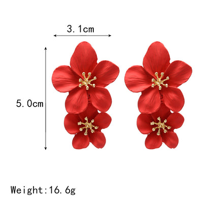 Double Layer Flower Women Earrings European and American Alloy Drip Spray Paint Baking Sweet Two-Tone Flower Earrings