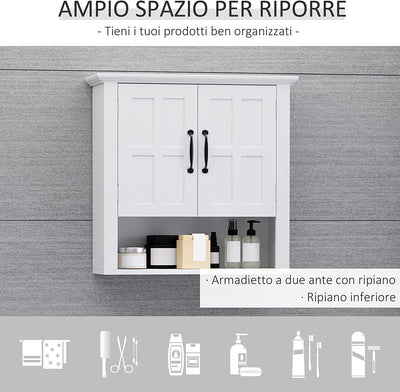 Armadietto 2 Ripiani Montabile a Parete Da Parete Cucina Bagno Legno 60X19,8X58Cm Bianco