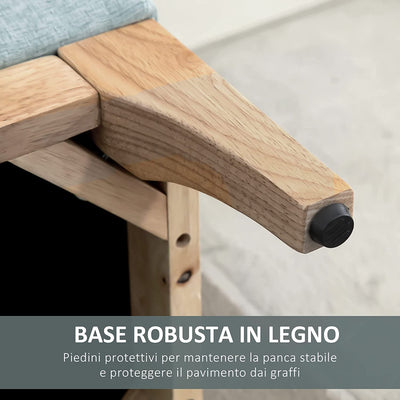 Panca Imbottita Contenitore in Tessuto Effetto Lino E Legno per Ingresso, Panca Fondo Letto Design Scandinavo, 110X39X45Acm, Azzurro