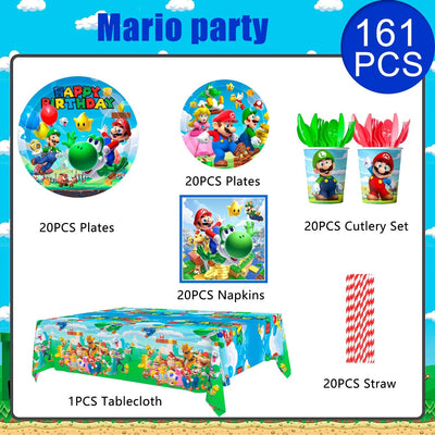 Stoviglie Super Mario Compleanno, 161Pcs Kit Compleanno Super Mario Includere Piatti Super Mario Compleanno Tovagliolo Bicchieri Tovaglia Etc Forniture per Decorazioni Compleanno Super Mario