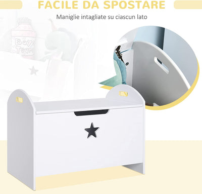 Baule Contenitore Portagiochi per Bambini (62X40X46.5Cm) in Legno Bianco Con Cerniere Di Sicurezza