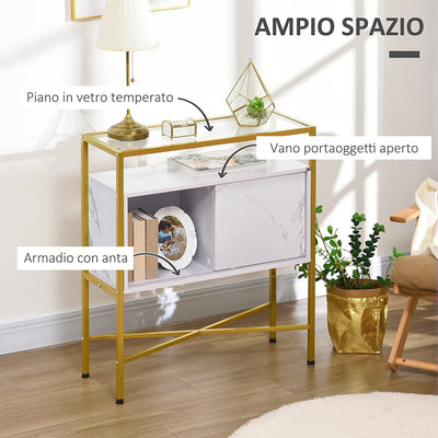 Mobile Multiuso per Soggiorno, Cucina O Ingresso Con Piano in Vetro, Ripiano Aperto in MDF E Gambe in Acciaio, 80X30X90 Cm, Bianco E Oro