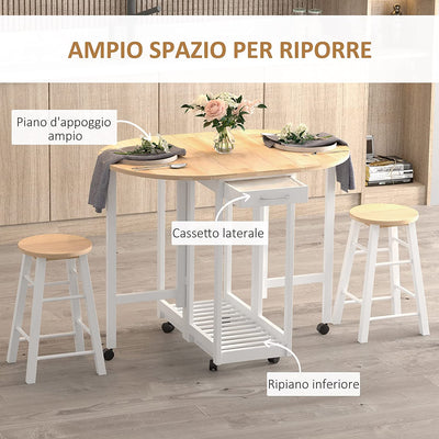 Set 3 Pezzi Con Tavolo Pieghevole E 2 Sgabelli, Carrello Da Cucina Salvaspazio Con 6 Ruote, Bianco E Legno